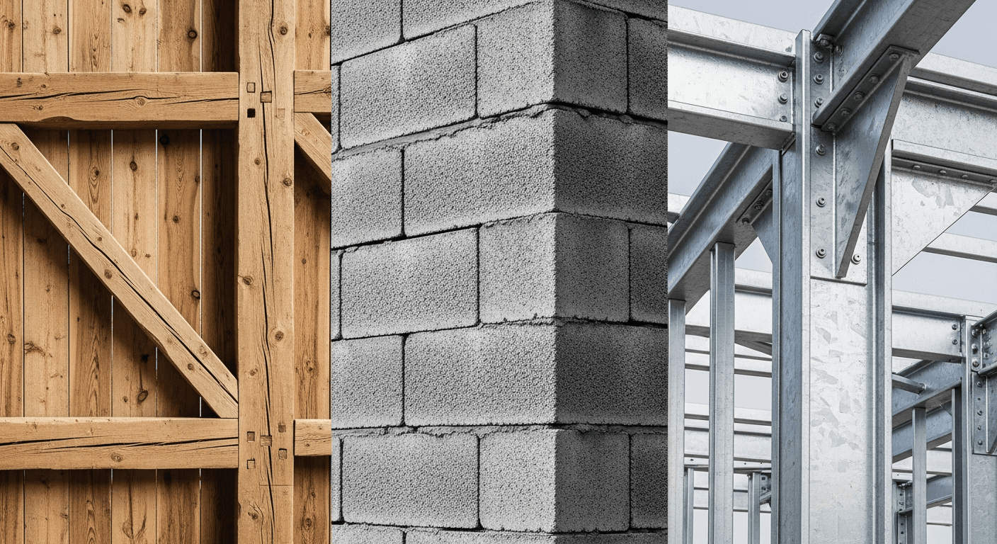Wood framing, concrete blocks, and steel framing side by side comparison