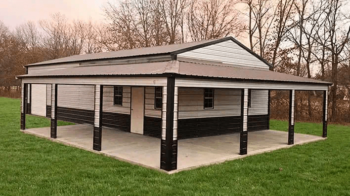 Two-tone pebble beige and black barndominium with A-Frame roof and wraparound lean-to porch — Get Carports