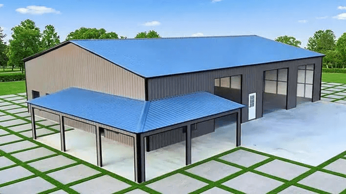 Two-tone tan barndominium with blue vertical roof, multiple garage door openings, and attached open lean-to carport — Get Carports